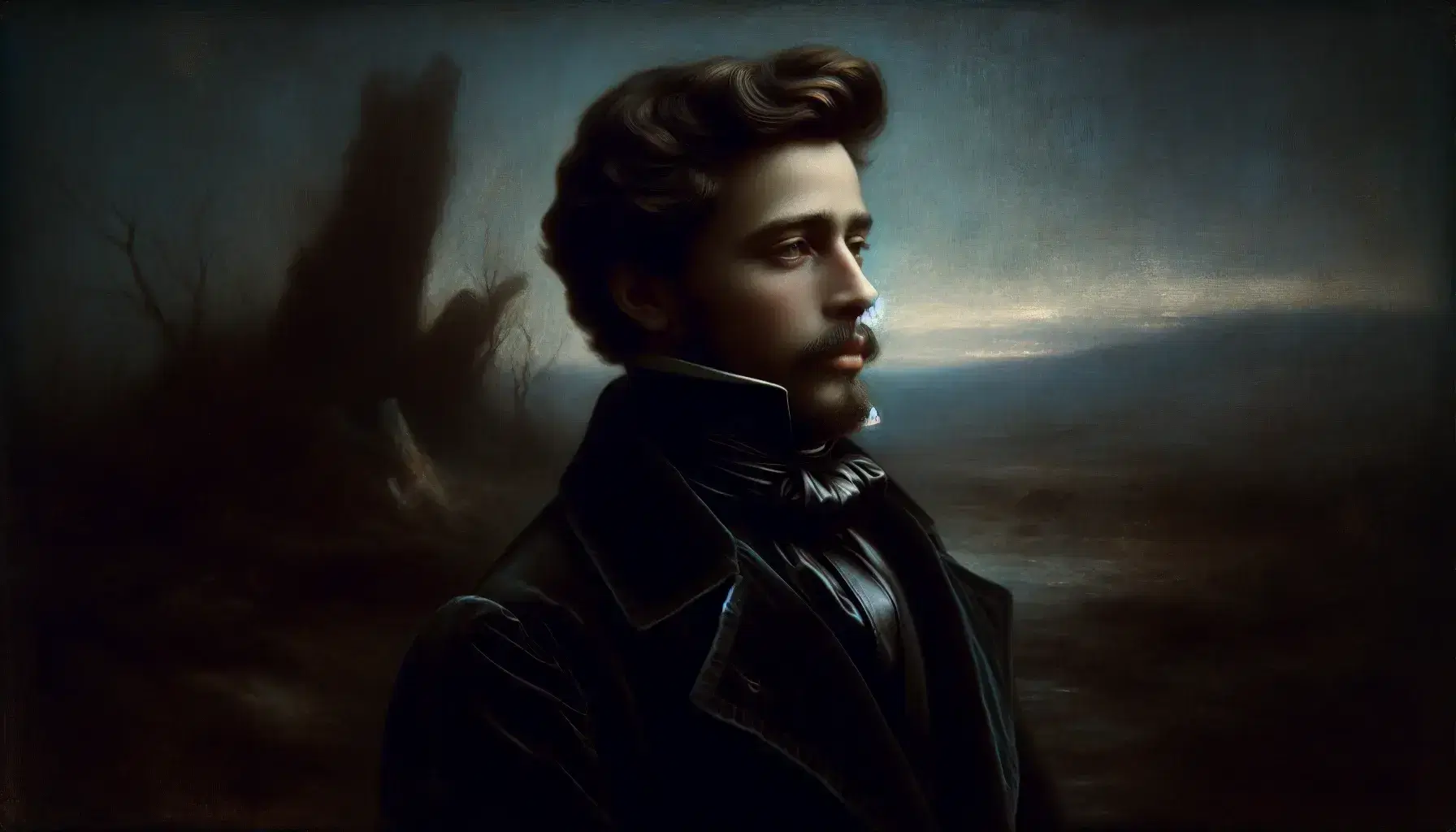Retrato al óleo de hombre romántico con mirada pensativa, cabello oscuro y chaqueta de terciopelo, frente a paisaje natural nebuloso.