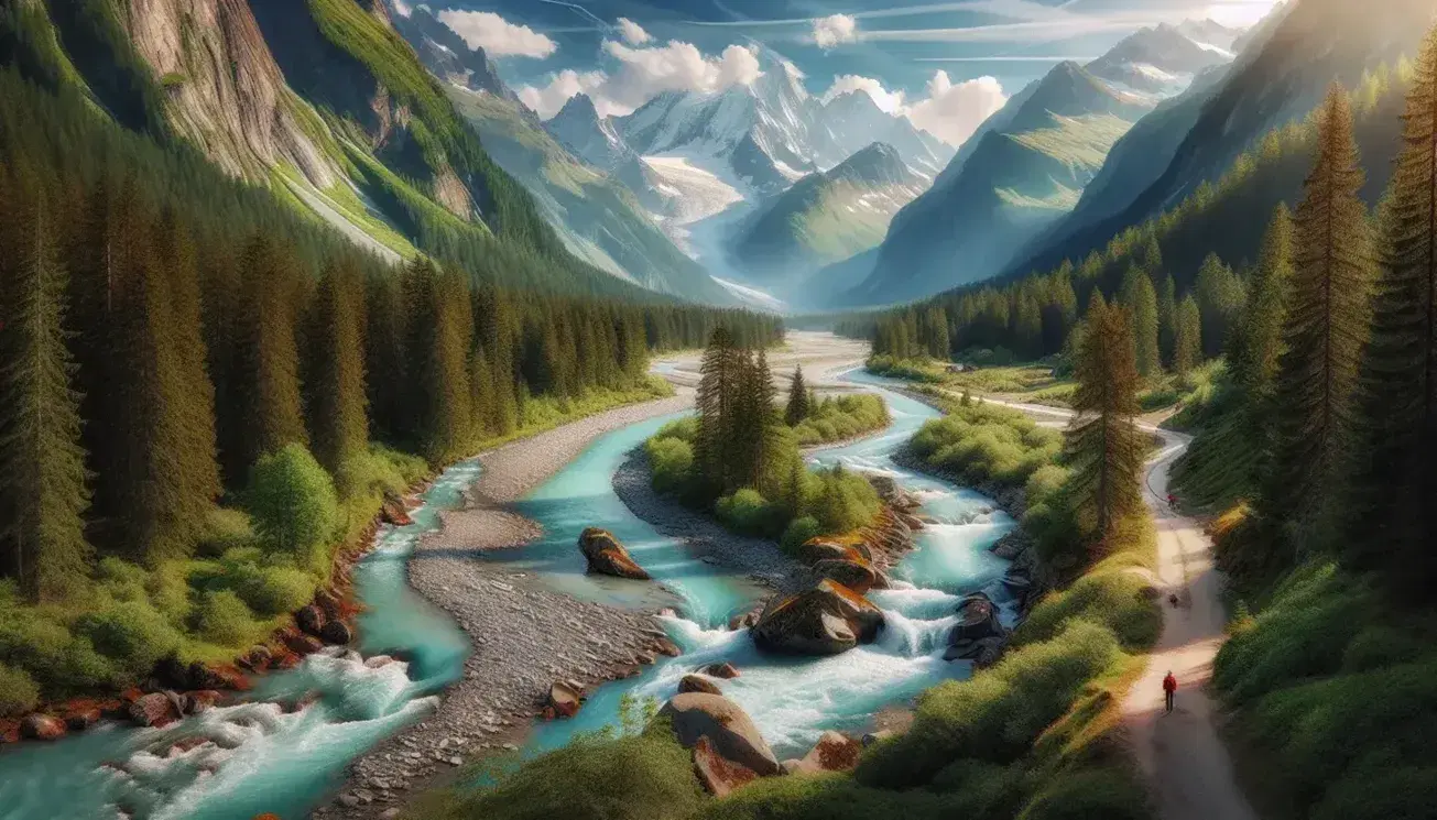 Fiume alpino serpeggiante con acque turchesi tra pietre, alberi verdi e montagne innevate sotto un cielo azzurro.