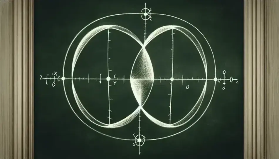 Chalk-drawn hyperbola with marked foci and vertices, flanked by two faint ellipses and a parabola with a marked vertex on a green chalkboard.