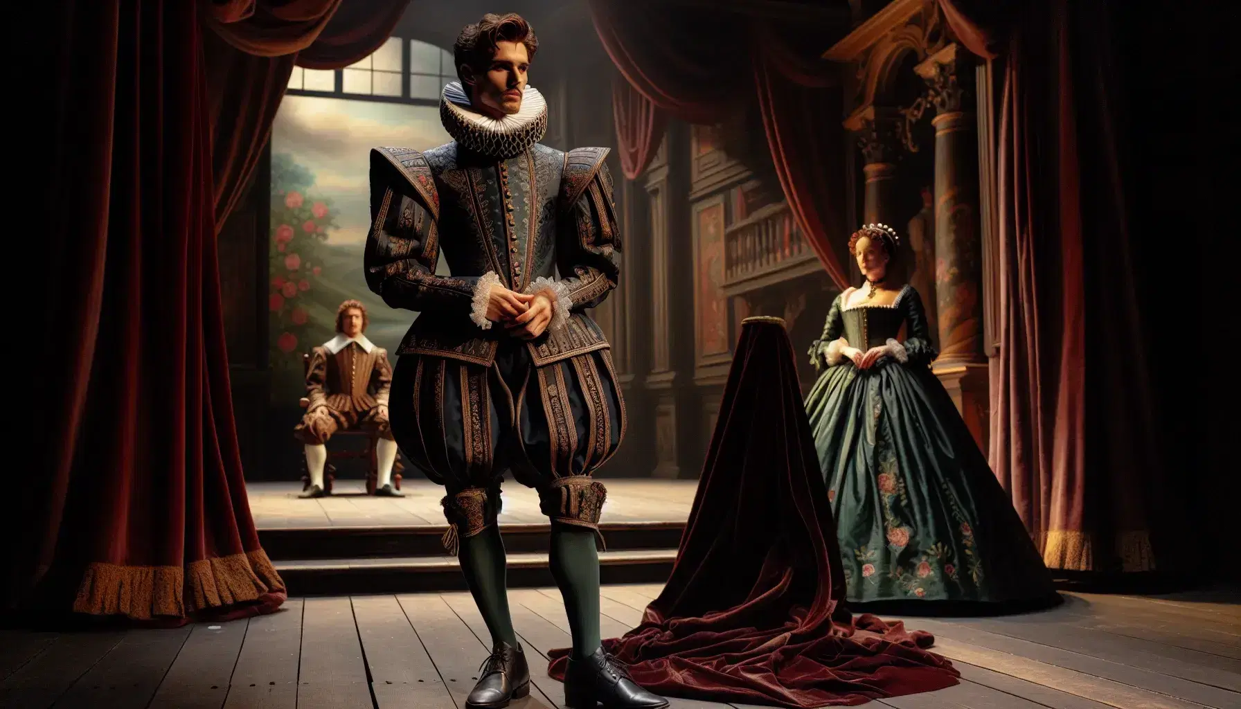 Attori in costume rinascimentale su palcoscenico teatrale elisabettiano, con abiti ricamati, mantello rosso e scenografia campestre.