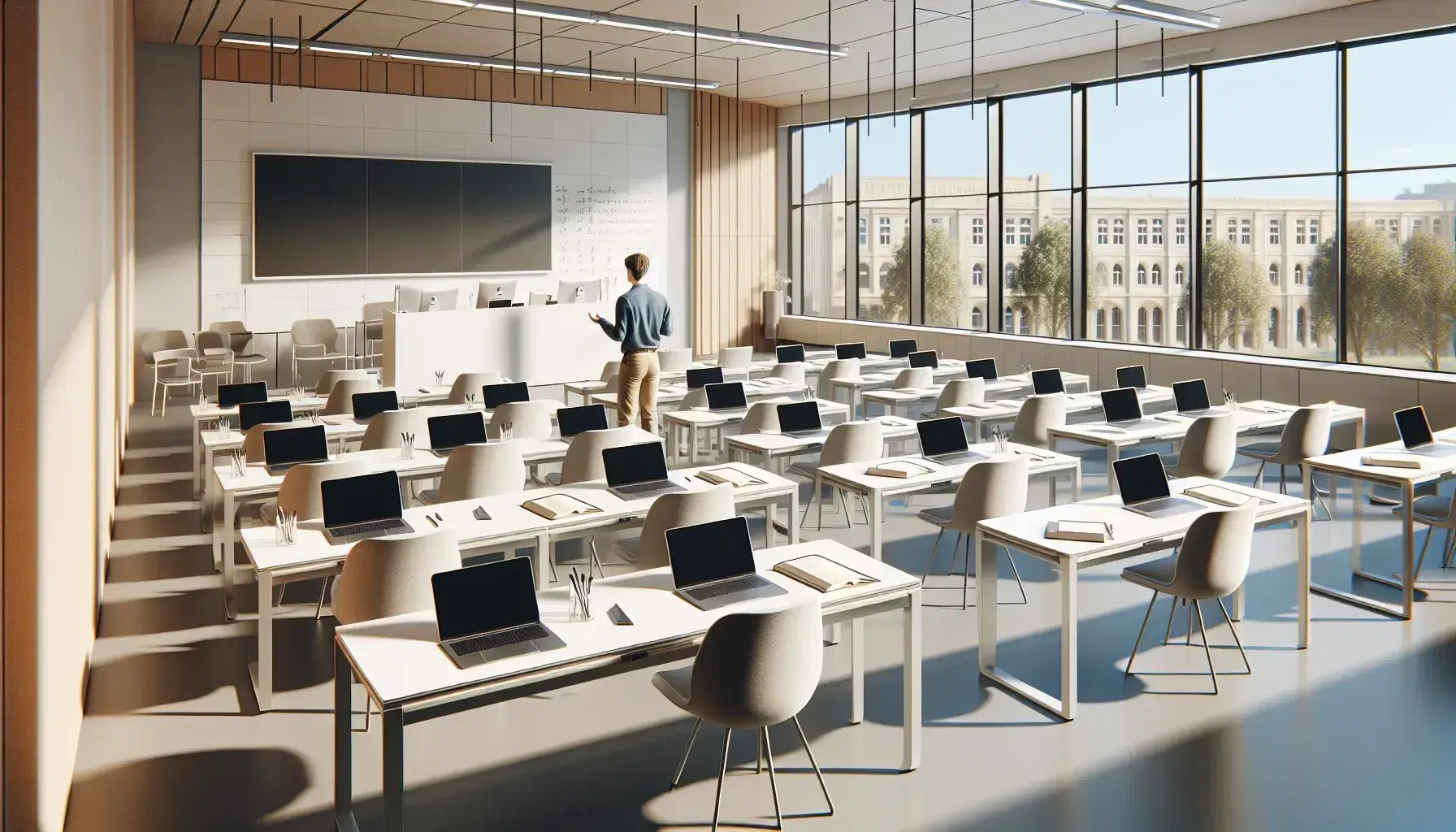Aula universitaria moderna y espaciosa con mesas blancas, sillas ergonómicas y laptops, profesor explicando y estudiantes atentos, ventana con vista a cielo azul.