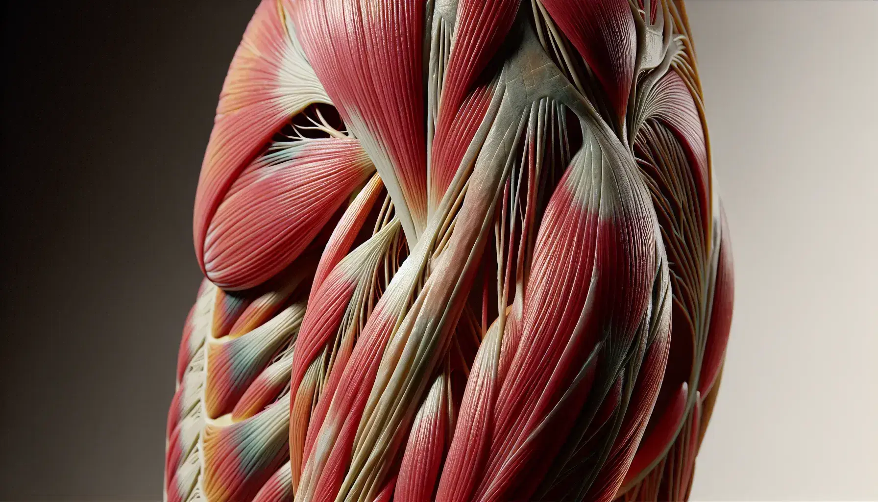 Braccio umano sezionato che mostra i muscoli scheletrici striati in diverse tonalità di rosso, circondati da tessuto connettivo.