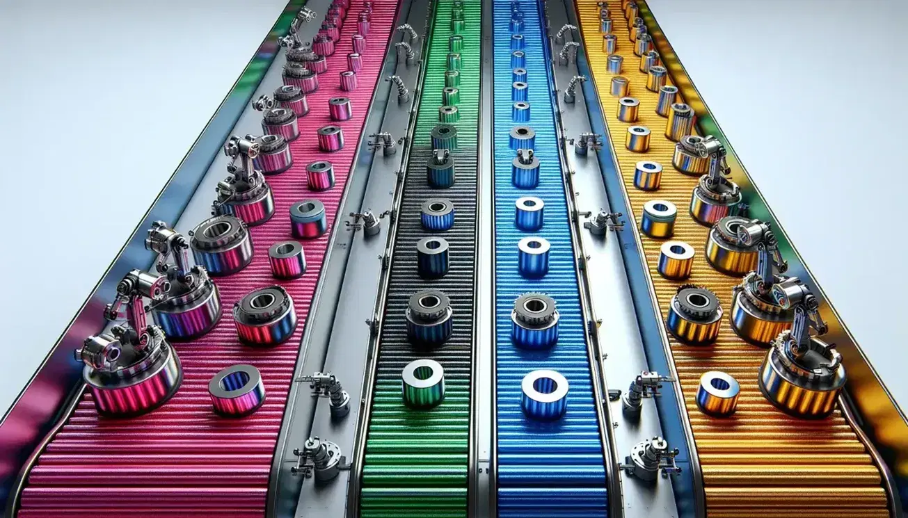 Five colorful industrial conveyor belts with cylindrical metal objects and robotic arms moving them in a modern factory.