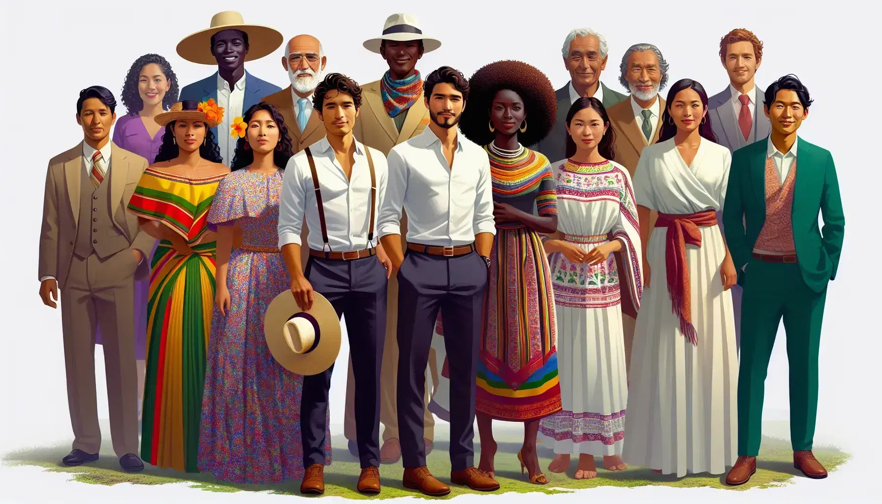 Grupo diverso de personas representando etnias de Ecuador, con vestimenta tradicional y sonrientes en un entorno natural.