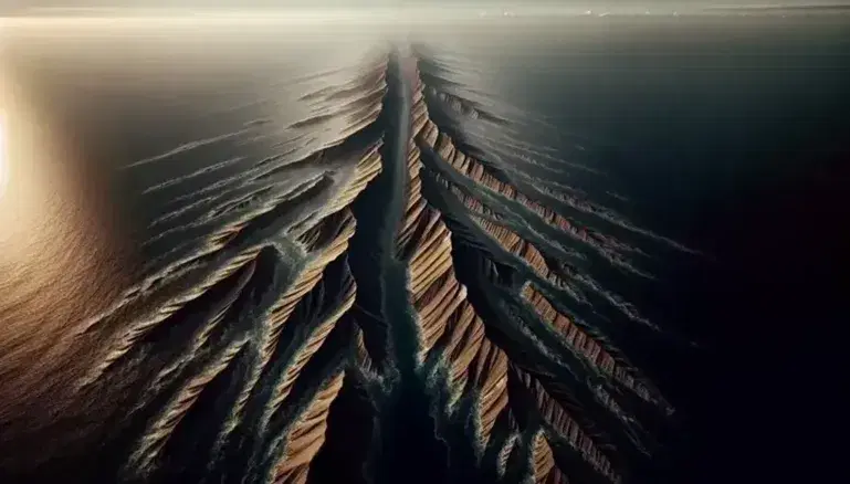 Vista aerea di una dorsale oceanica con creste parallele e valle centrale scura, acque blu profondo e cielo sereno.