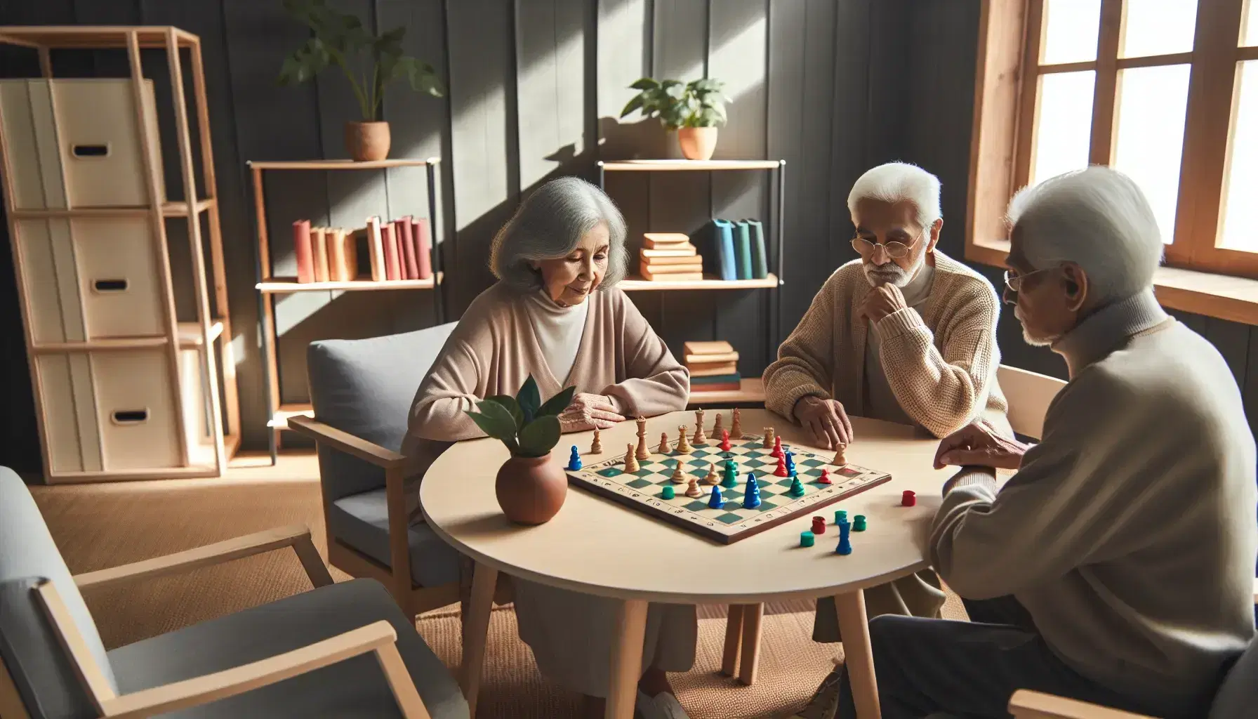 Tres personas mayores disfrutan de un juego de mesa con fichas de colores en una mesa redonda, con una planta y estantería al fondo.