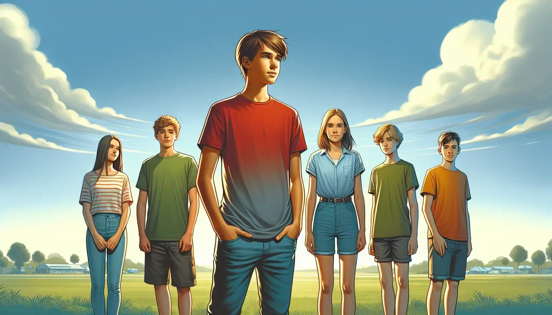 Grupo de cinco adolescentes sonrientes en un parque con cielo azul, vestidos con camisetas de colores y vaqueros, transmitiendo amistad y confianza.