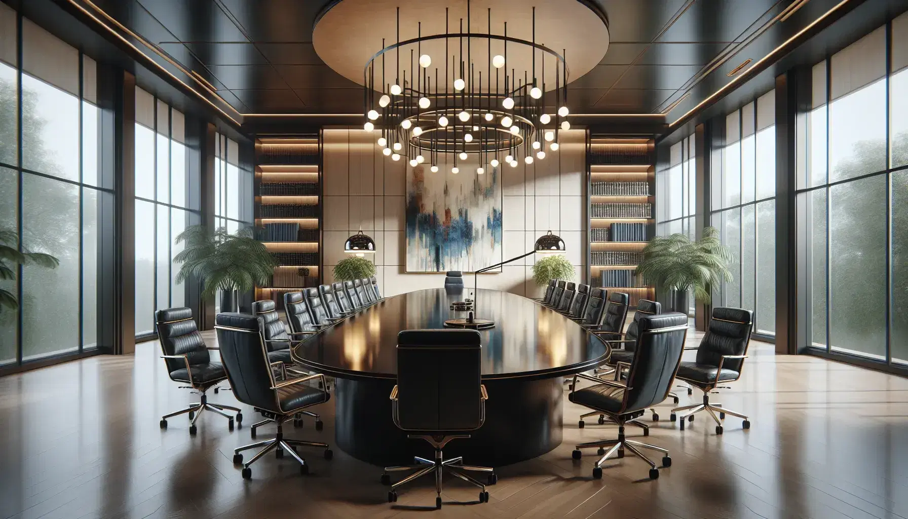Sala de juntas espaciosa con mesa ovalada de madera oscura, sillas de cuero negro, lámpara moderna y planta interior, sin textos visibles.