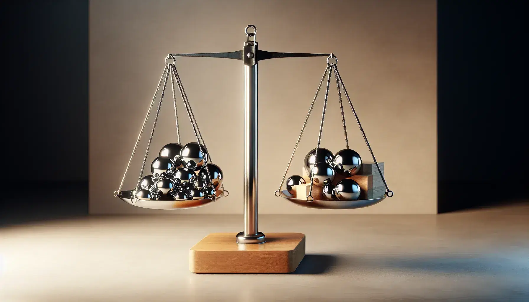 Bilancia a due piatti in equilibrio con sfere metalliche e cubi di legno su sfondo neutro.