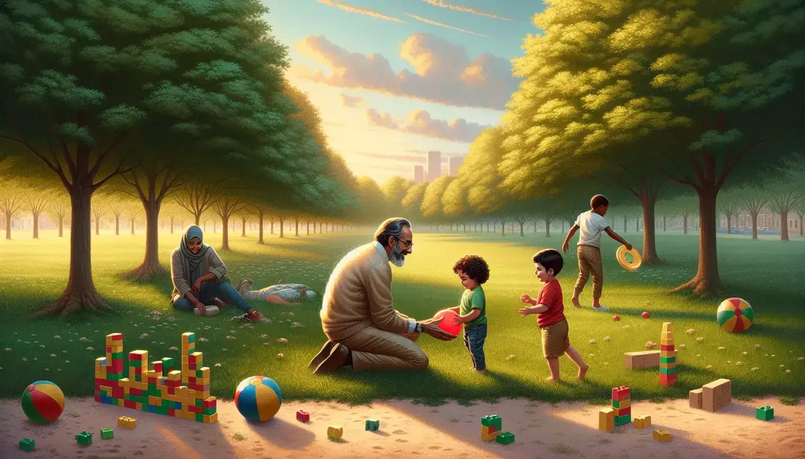 Quiet park with children playing: Middle Eastern man bends towards Hispanic child with red ball, black child with buildings and Caucasian throwing frisbee.