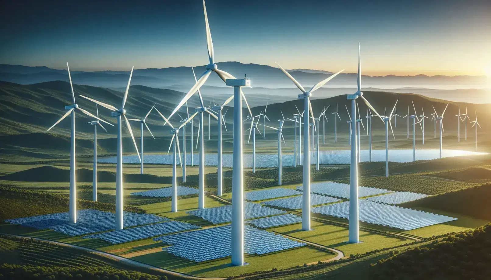 Renewable energy landscape with wind turbines and solar panels against a clear blue sky and distant mountains.