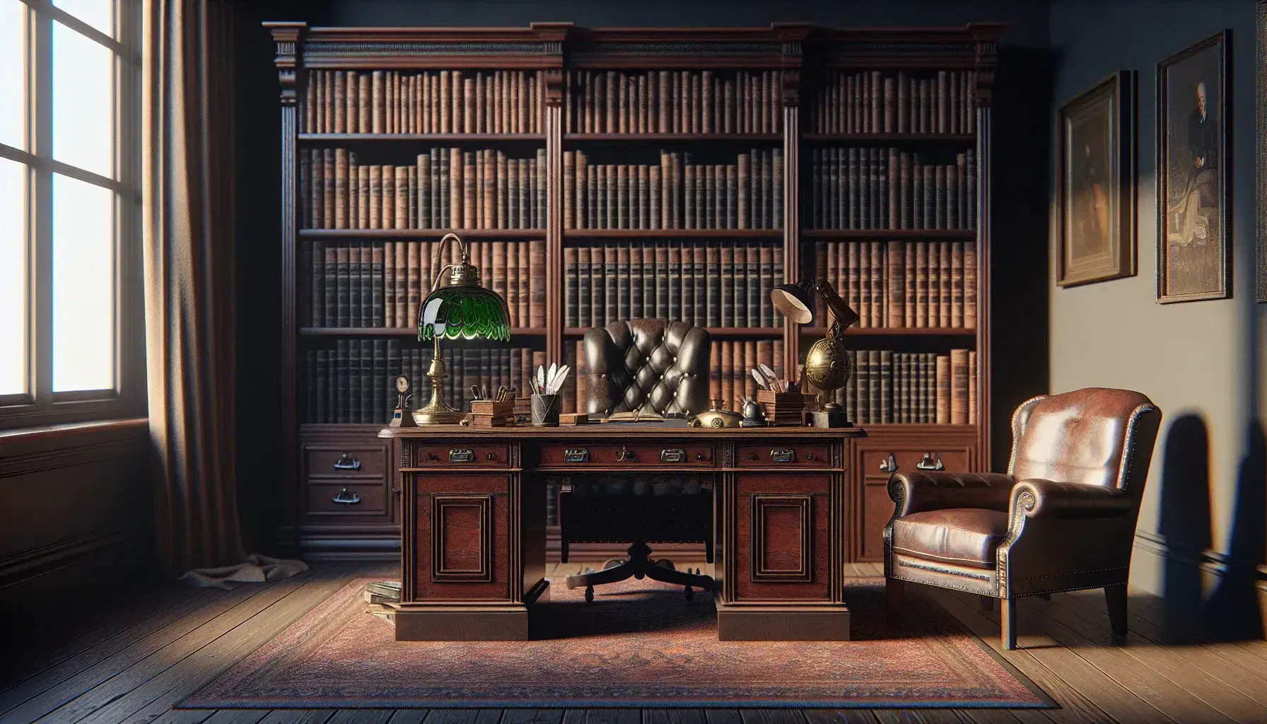 Classic psychologist's office with mahogany desk, brass lamp, leather armchairs, bookcase and red screen, in a reflective environment.