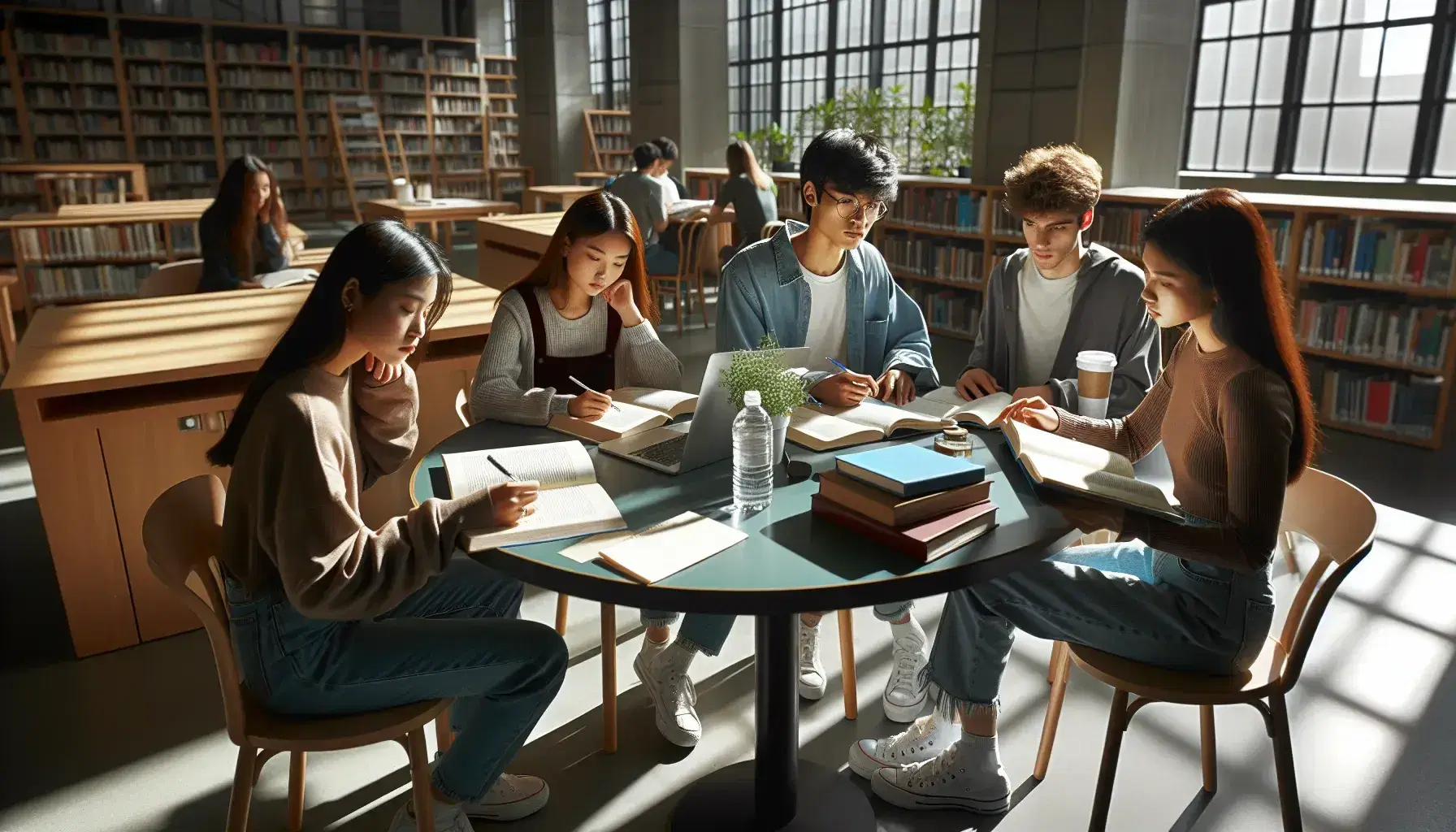 Estudiantes diversos estudiando juntos en biblioteca, con libros y computadora sobre mesa redonda, luz natural y estanterías al fondo.
