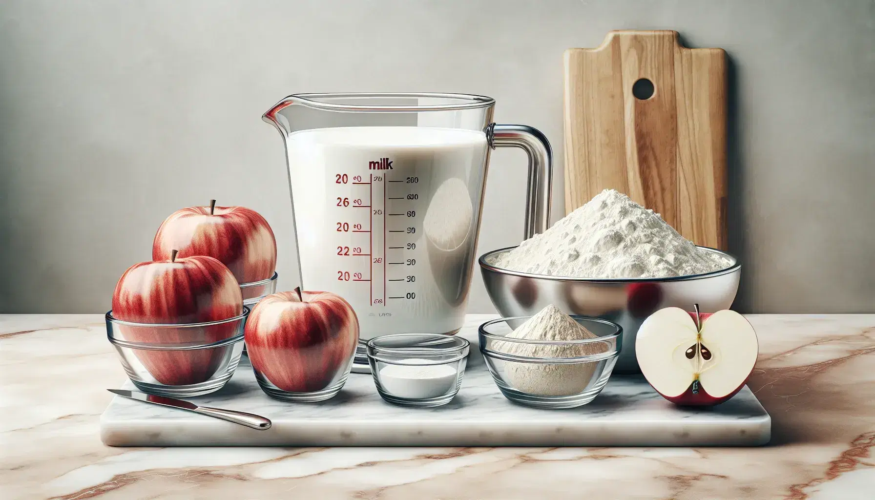 Kitchen scene with ingredients and tools, including a glass measuring cup with milk, three bowls with varying flour amounts, a scale, and apples cut in different portions on a wooden board.
