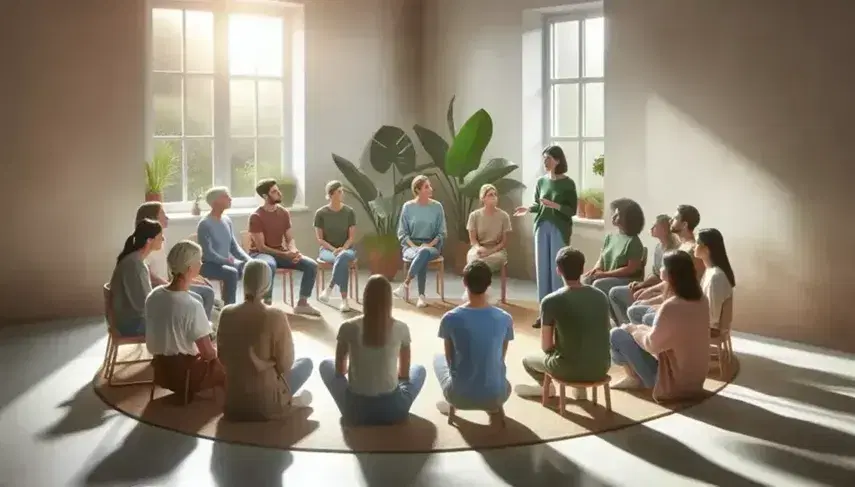 Grupo diverso de personas sentadas en círculo con una mujer de pie facilitando la conversación en una sala iluminada naturalmente, sin tecnología visible, promoviendo la interacción humana.
