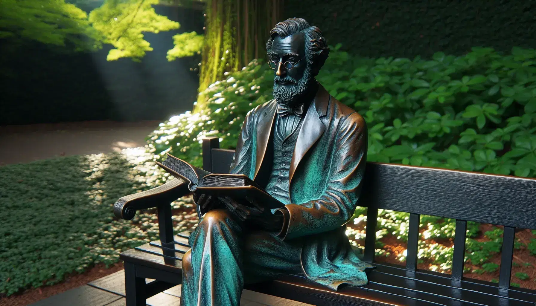Statua in bronzo di studioso d'epoca seduto su panchina in legno con libro aperto in giardino universitario, dettagli realistici e luce naturale.