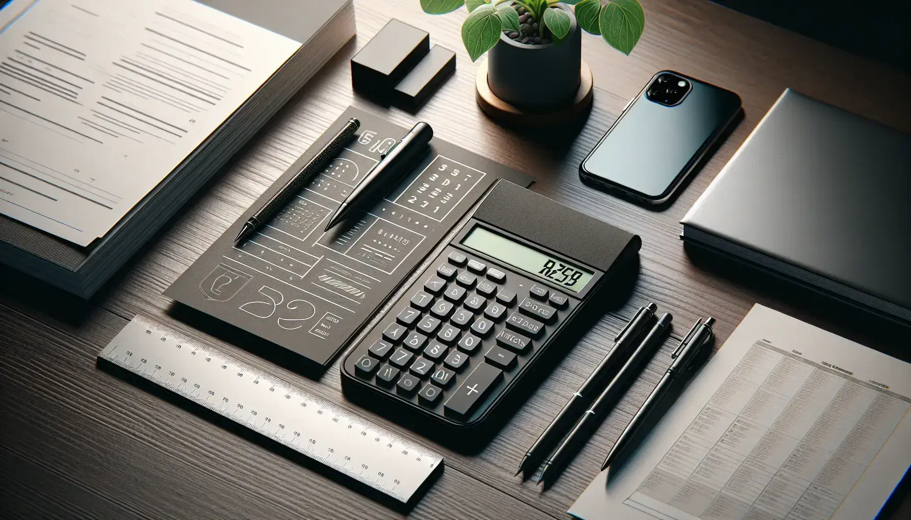 Escritorio de madera oscura con calculadora apagada, papeles con gráficos, lápices mecánicos, regla transparente, smartphone y planta verde.