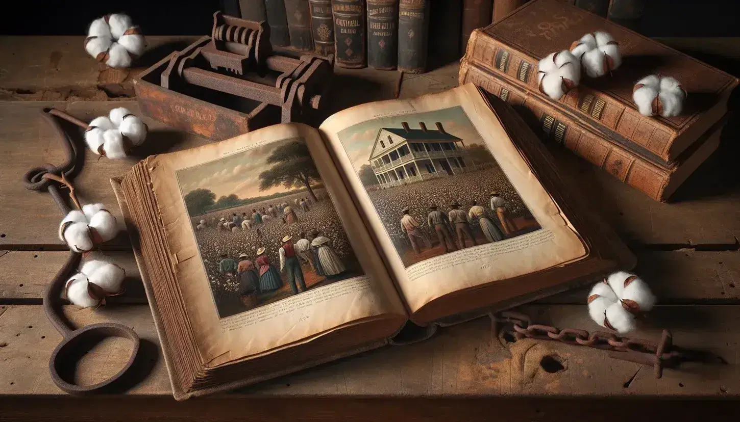 Antique leather-bound book open to illustration of laborers in a cotton field with plantation house background, beside rusty shackles on a worn wooden table.