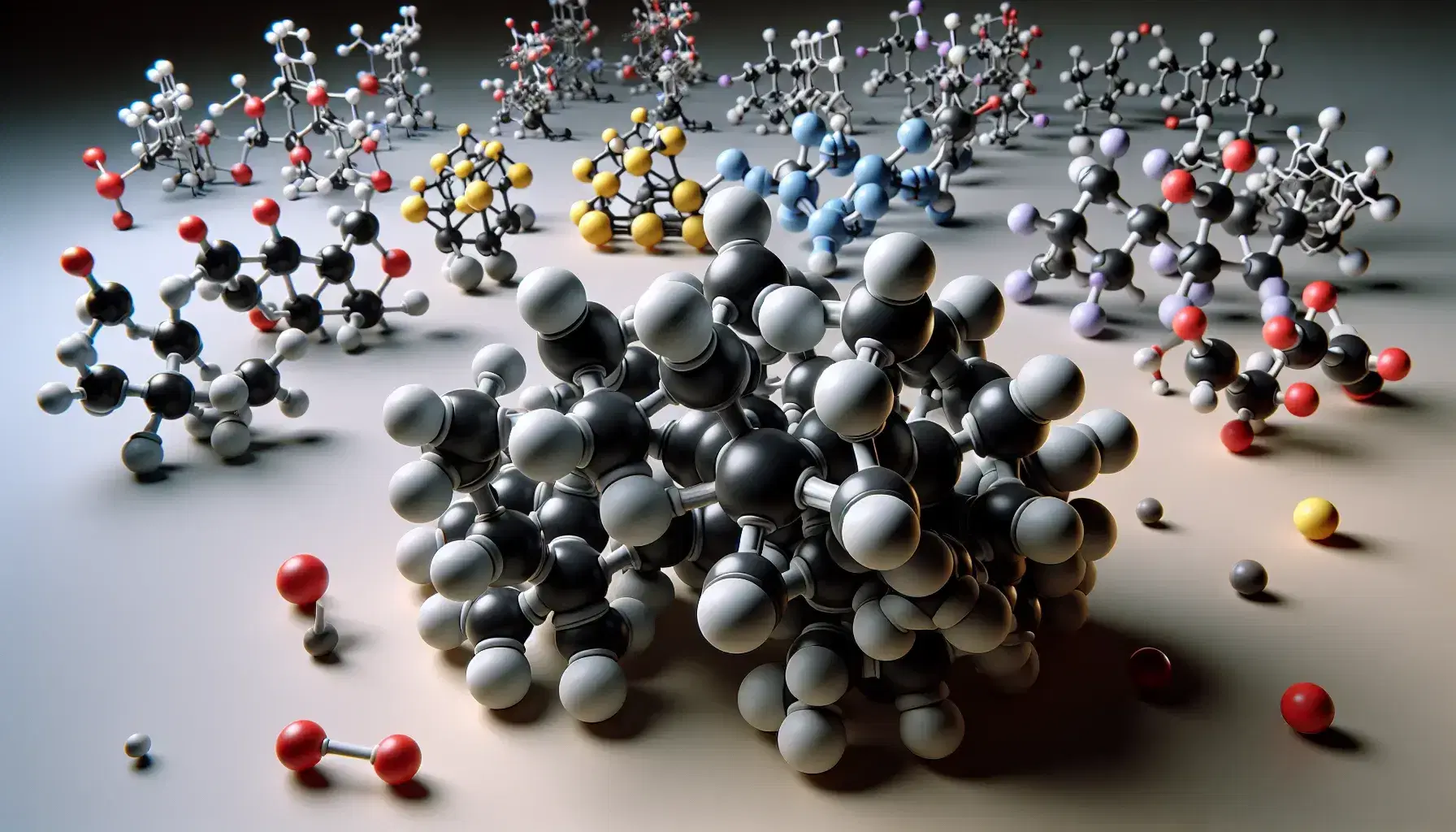 Three-dimensional molecular models with carbon, hydrogen, oxygen, nitrogen and sulfur atoms connected by gray rods on neutral background.