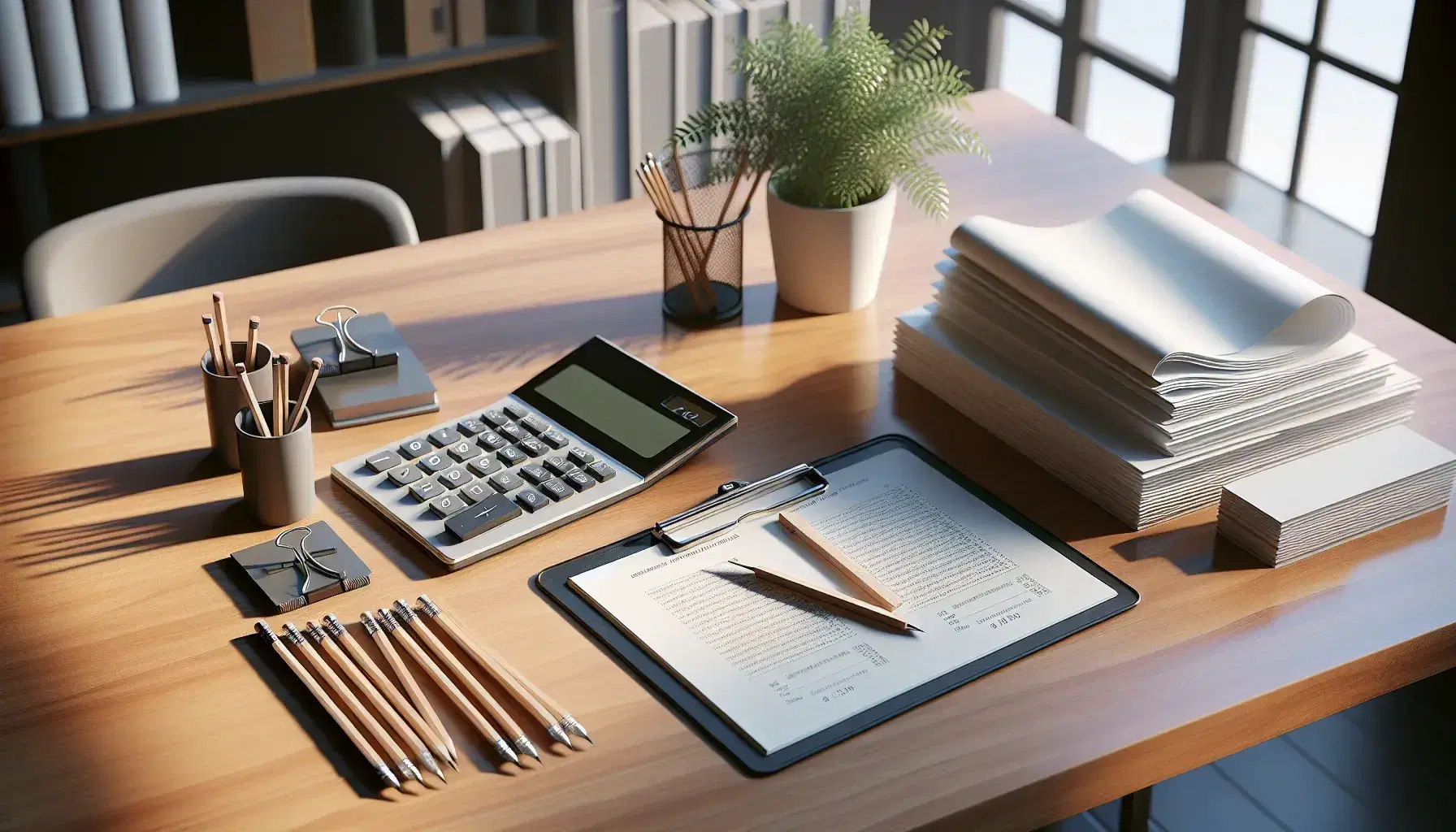 Escritorio de oficina de madera con calculadora, papeles apilados, portapapeles, lápices, libro abierto y planta en maceta blanca bajo luz natural.