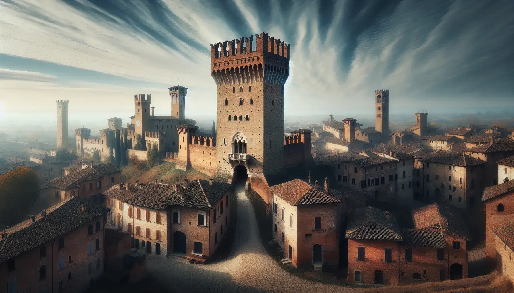 Vista panoramica di città medievale italiana con torre in pietra, case in mattoni rossi, castello fortificato e cielo azzurro.