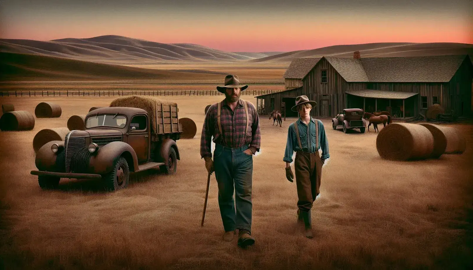 Two men in denim and flannel walk towards a 1930s ranch with hay bales, a wooden barn, a vintage truck, horses, and a sunset sky.
