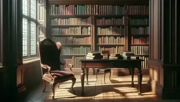 Biblioteca antigua con silla de respaldo alto en terciopelo rojo, mesa de madera pulida y estantería repleta de libros variados bajo ventana que ilumina suavemente el espacio.