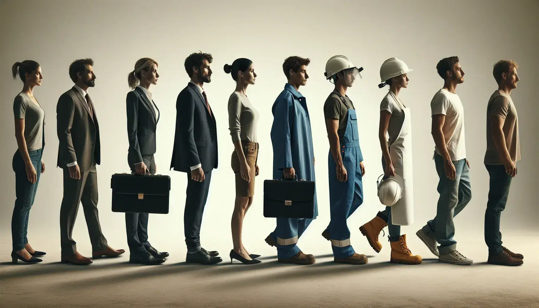 Grupo diverso de profesionales en fila, desde traje formal hasta ropa casual, con elementos de trabajo como maletín, casco y herramientas.