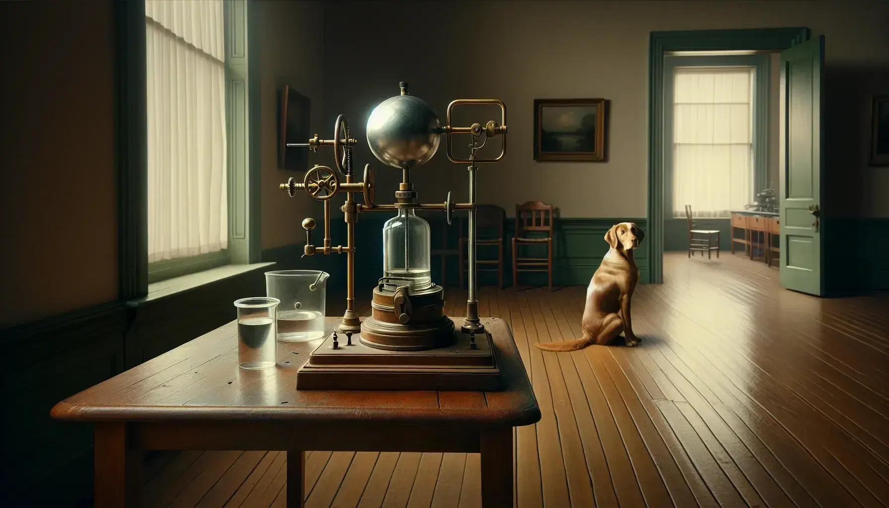 Early 20th century laboratory with wooden table, metal bell and lever, glass container with liquid and attentive dog on the floor.