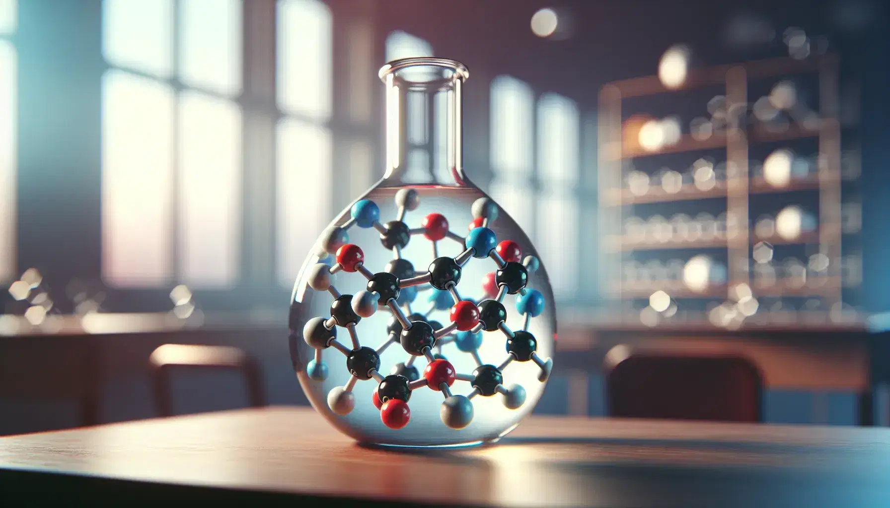 Colorful molecular model in a glass flask on wooden table, with blurred laboratory background and natural light.