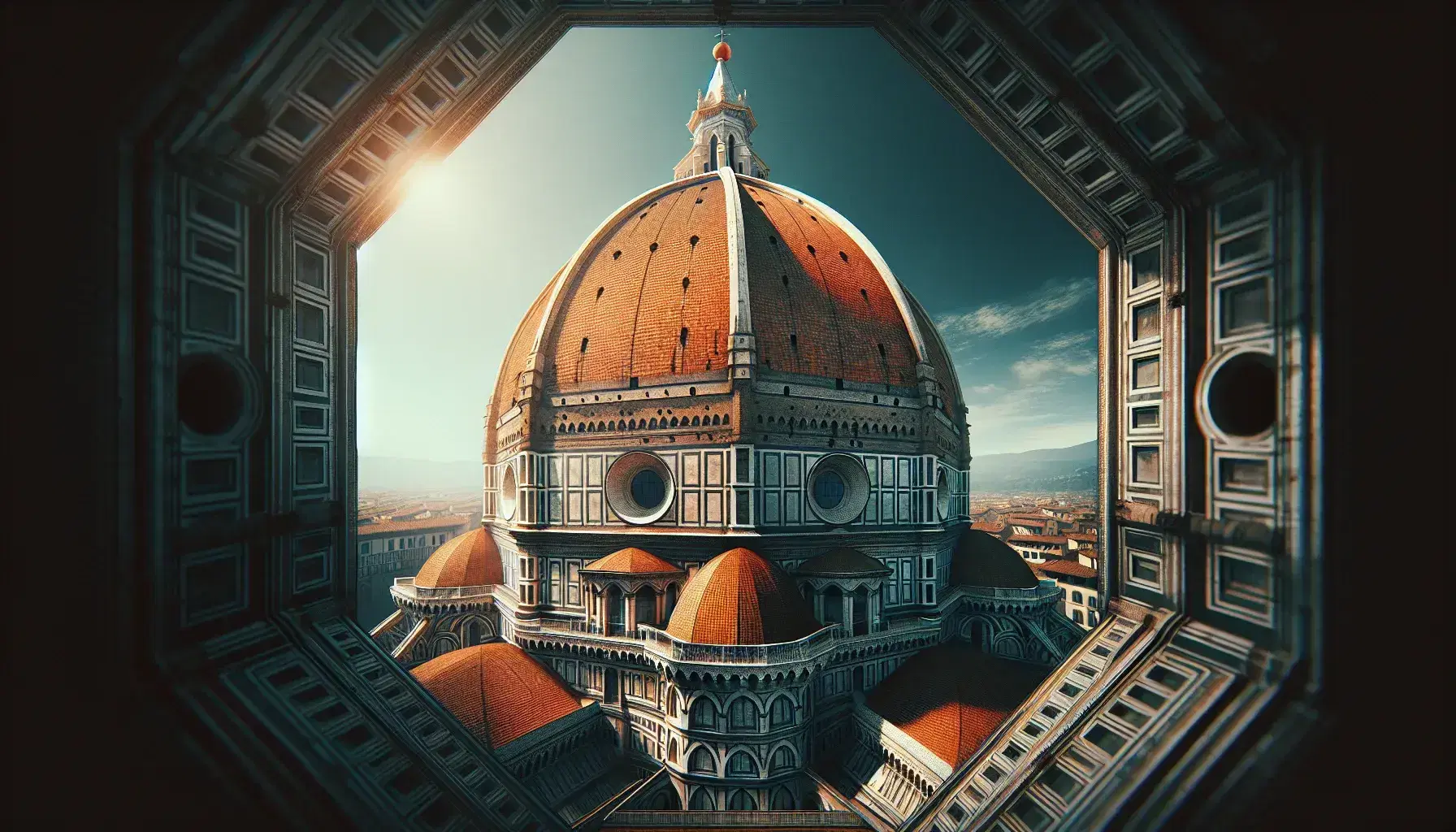 Cupola del Duomo di Firenze di Brunelleschi, con costoloni che convergono sulla lanterna, sotto cielo azzurro con nuvole sparse.
