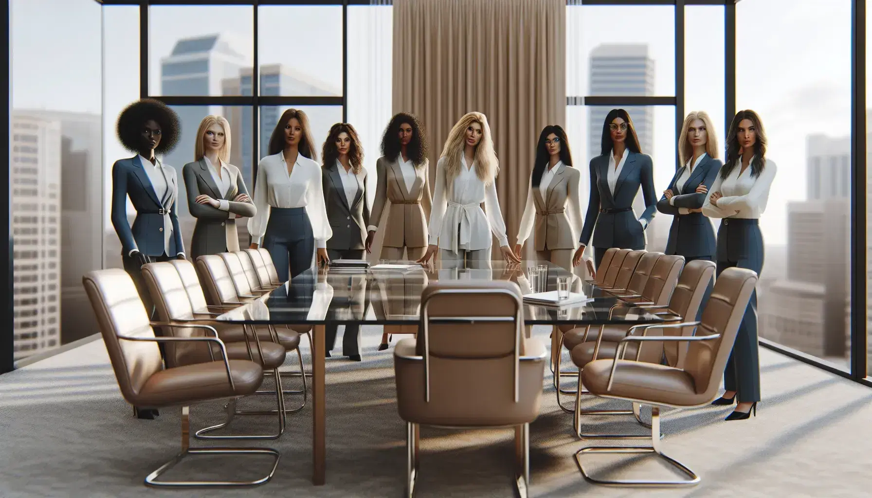 Grupo diverso de mujeres profesionales en reunión alrededor de una mesa de conferencia de madera en una oficina iluminada naturalmente con vista a edificios.