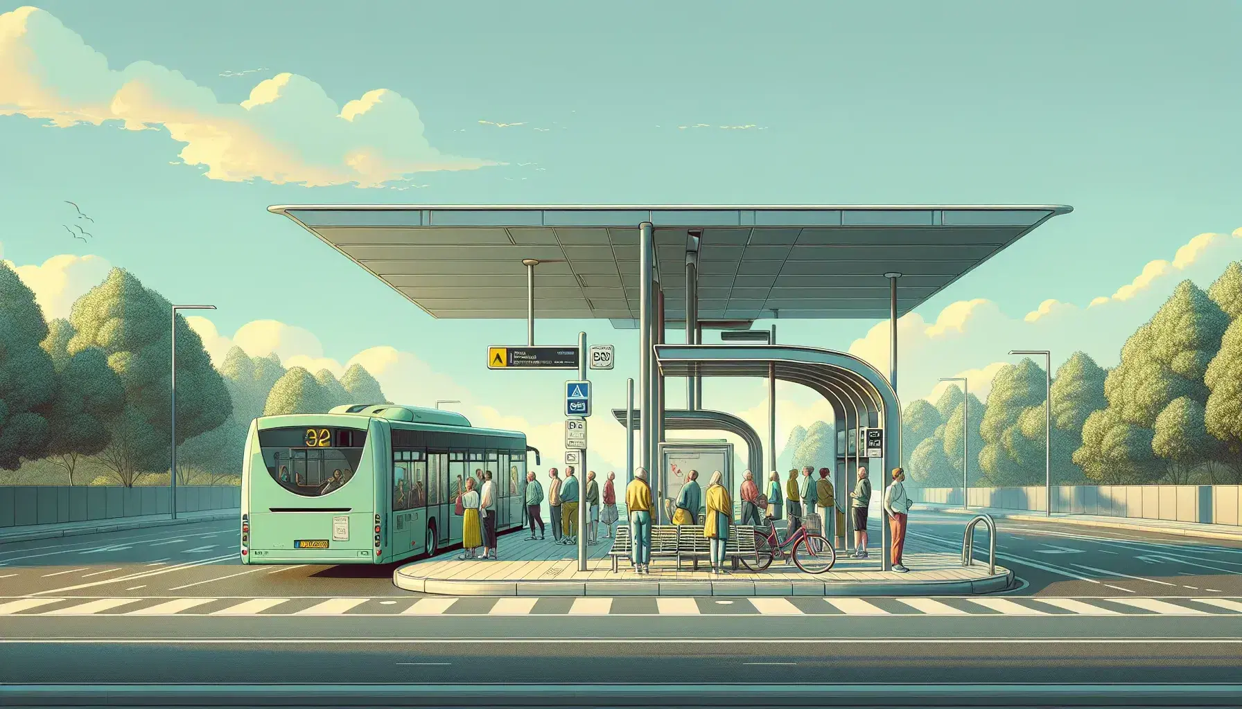Fermata autobus cittadina con passeggeri sotto pensilina moderna, bus verde in sosta, bicicletta rossa parcheggiata e strada asfaltata.
