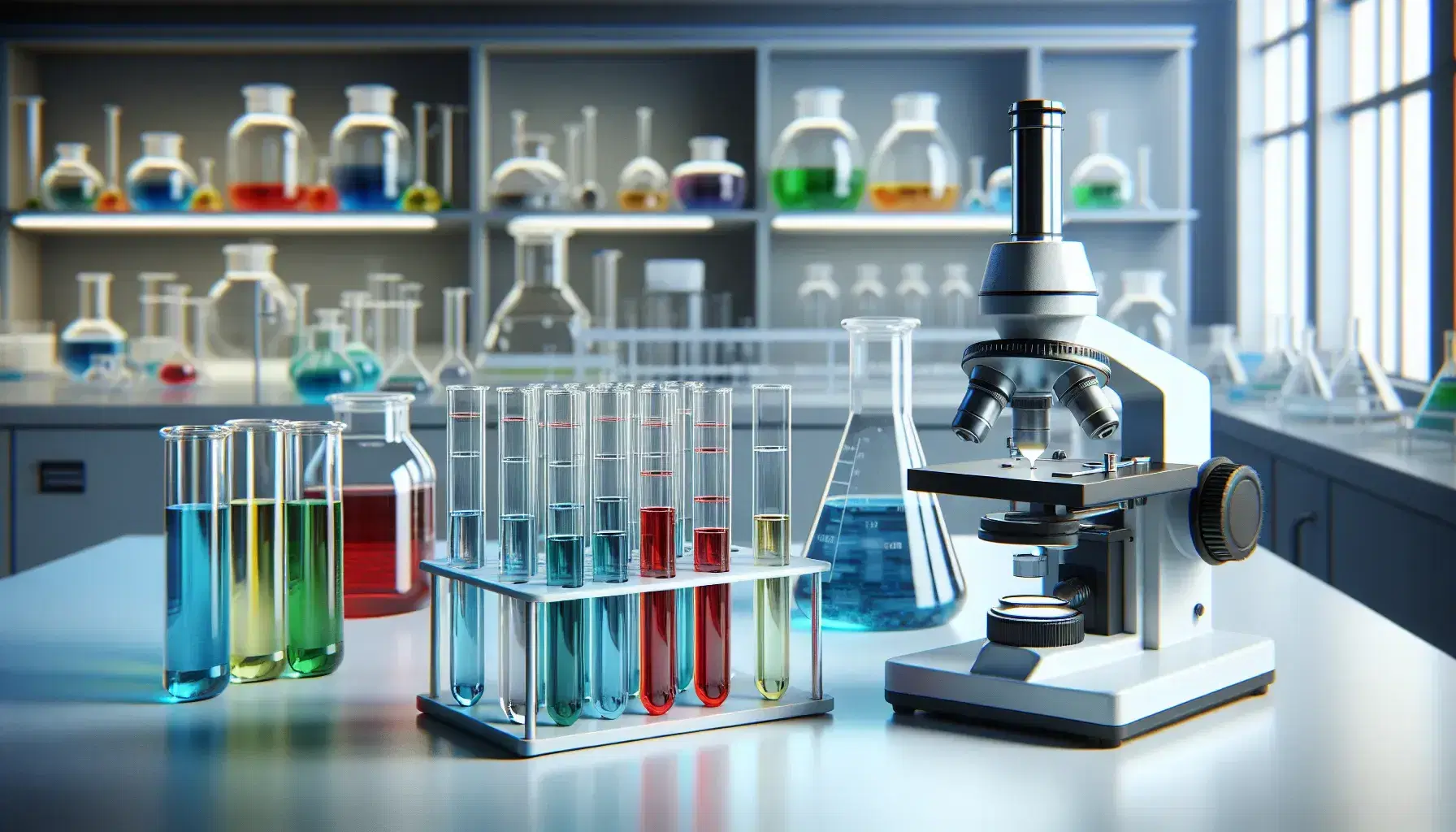 Laboratorio científico con tubos de ensayo de colores en soporte metálico y microscopio plateado, estantes con frascos y balanza analítica en fondo desenfocado.