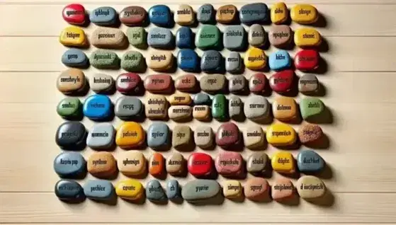 Pebbles colorati su sfondo legno chiaro disposti a formare gruppi simili a sillabe con spazi regolari e variazione di altezza per tono.