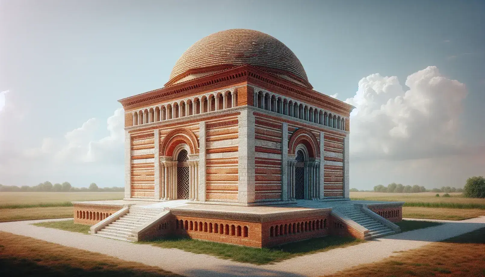 Mausoleo di Galla Placidia a Ravenna, struttura cubica in mattoni rossi con cupola scura e portale centrale incorniciato da pietra chiara, circondato da prato verde.