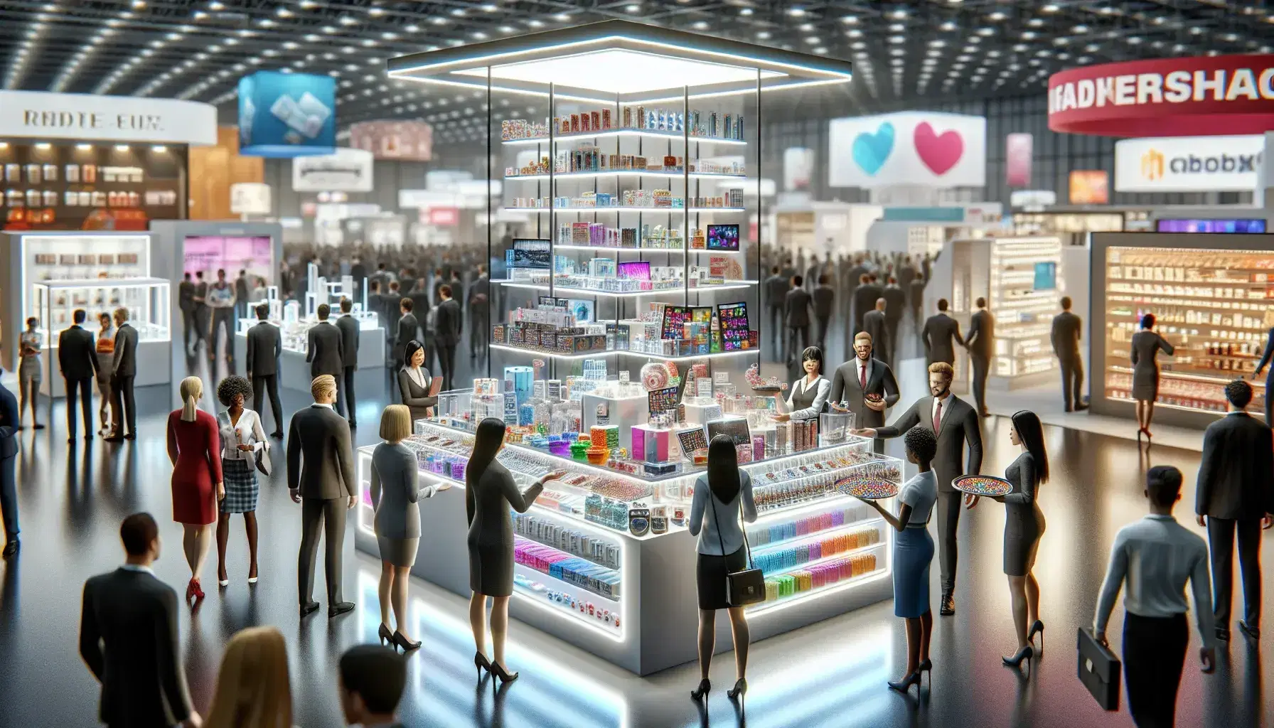 Vibrant trade show floor with diverse attendees exploring exhibits, a hostess distributing samples, and a stand showcasing electronics and brochures.