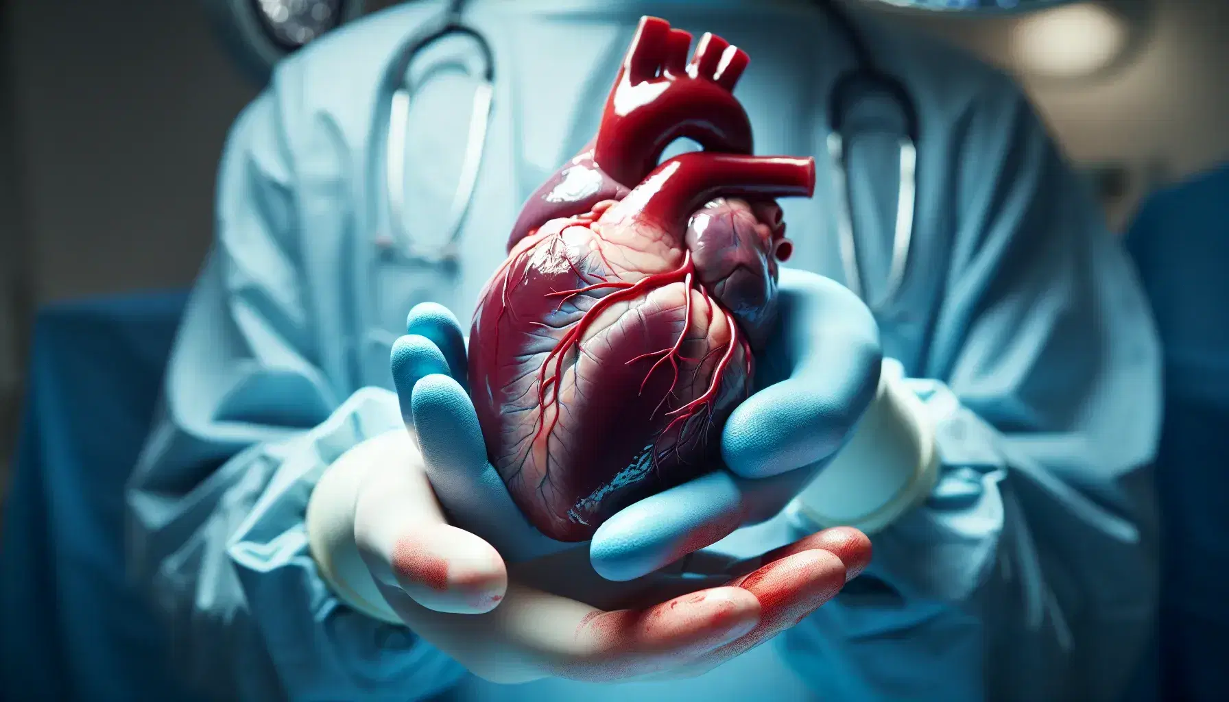 Mano in guanto di lattice azzurro tiene delicatamente un cuore umano per trapianto, con arterie legate, in sala operatoria sfocata.
