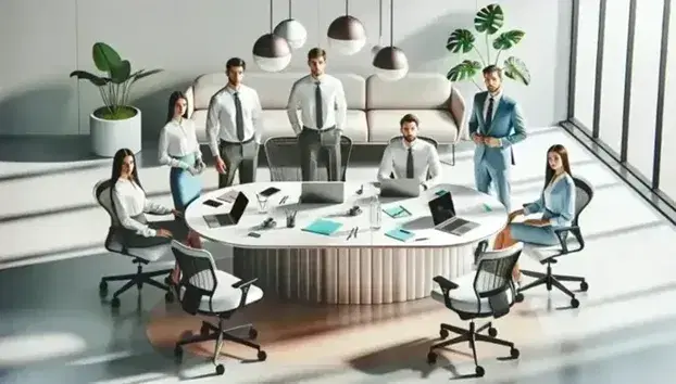 Gruppo di cinque professionisti in ufficio moderno con tavolo ovale, sedie ergonomiche, laptop e piante verdi, in una riunione di lavoro.