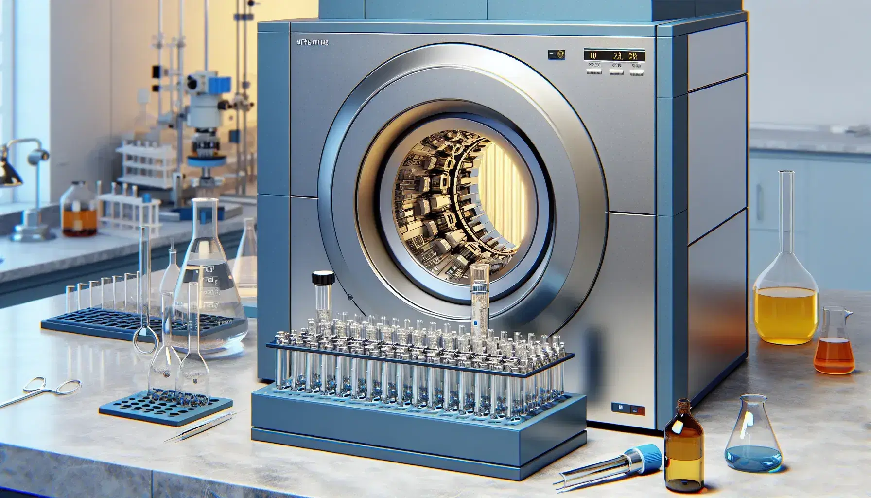 Modern nuclear magnetic resonance spectrometer in laboratory with test tube containing light yellow liquid ready for analysis.