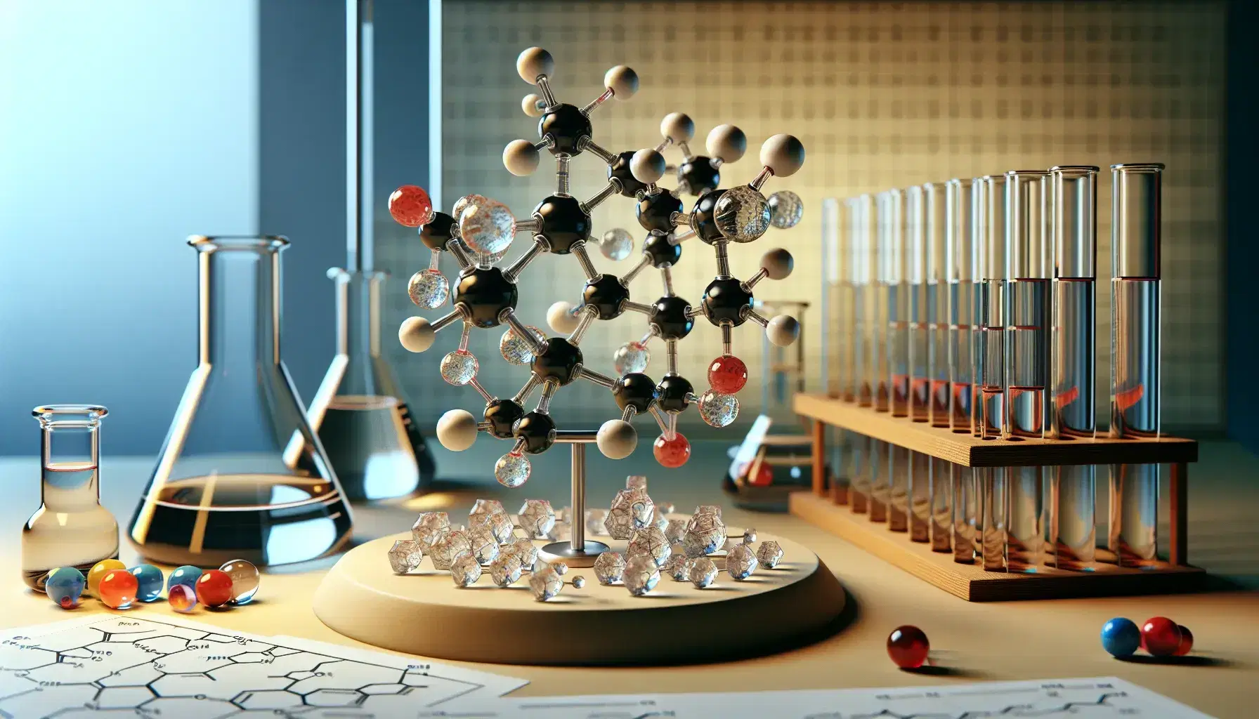 Three-dimensional molecular model of sugar with colored spheres for atoms, test tubes with colored liquids on stand and sugar crystals in a petri dish.