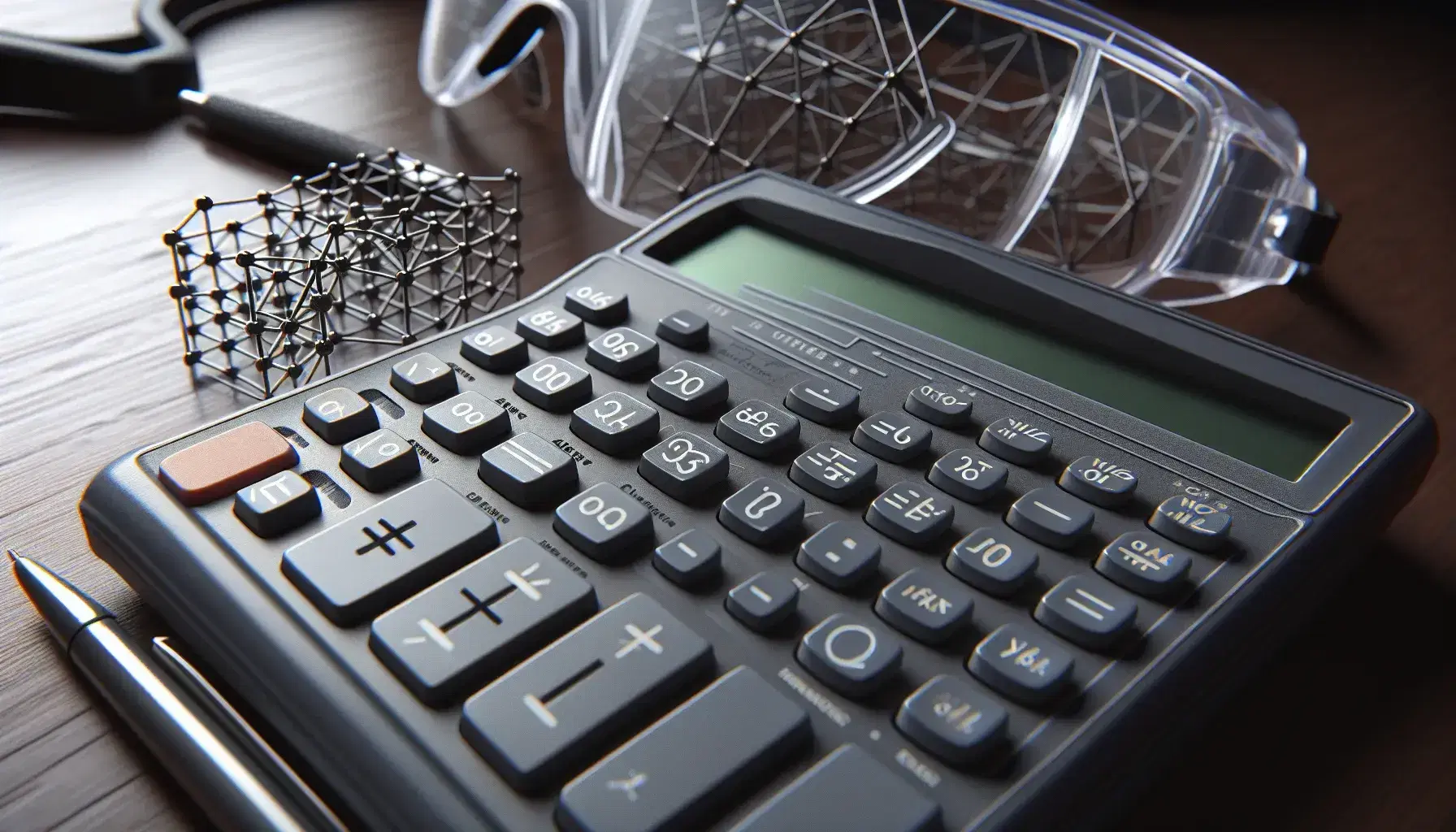 Close-up view of a scientific calculator keypad on a wooden desk, with safety goggles and a metallic geometric wireframe model in the background.
