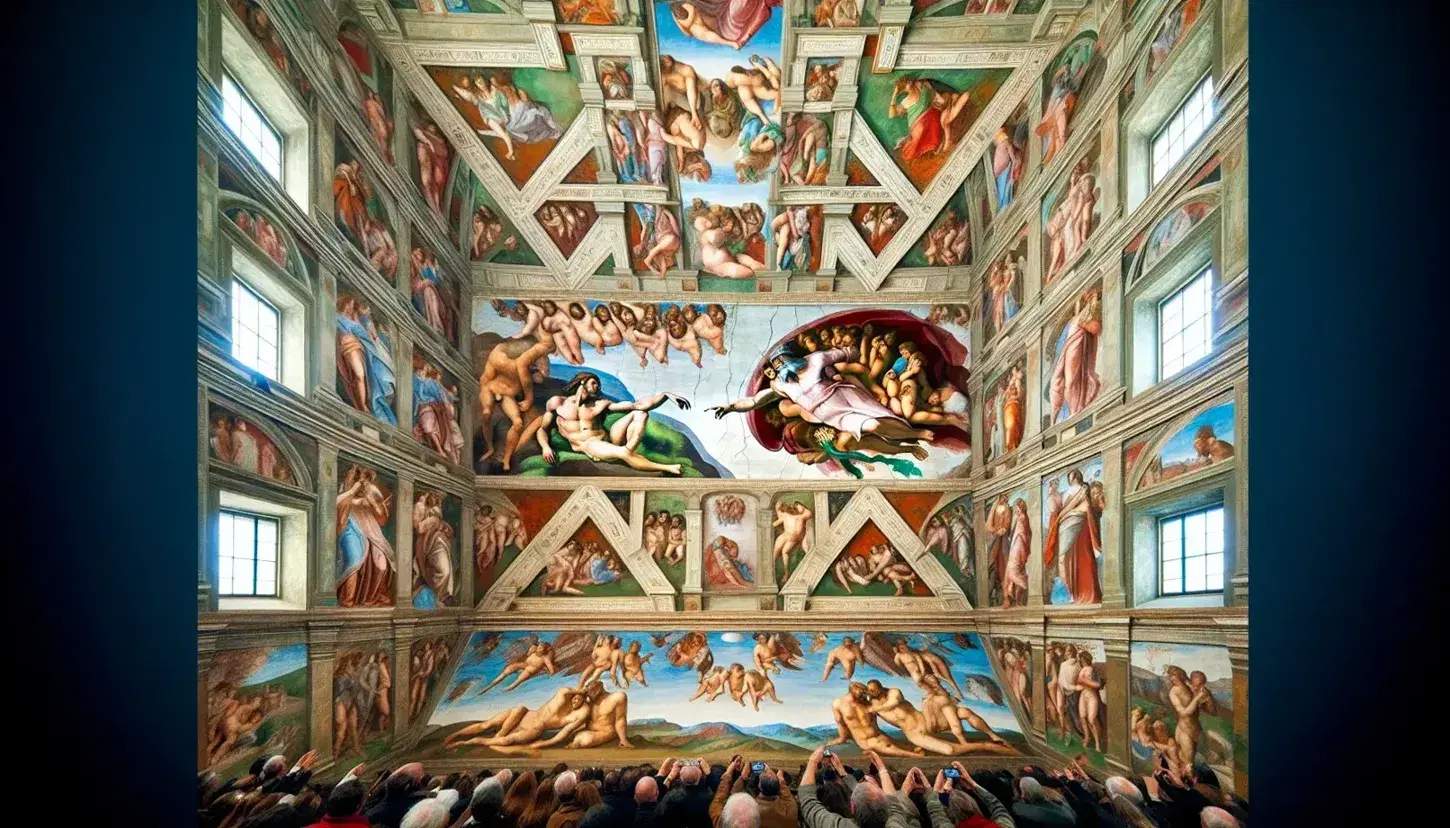 Affresco della Creazione di Adamo di Michelangelo sulla volta della Cappella Sistina, con visitatori che osservano le scene bibliche.