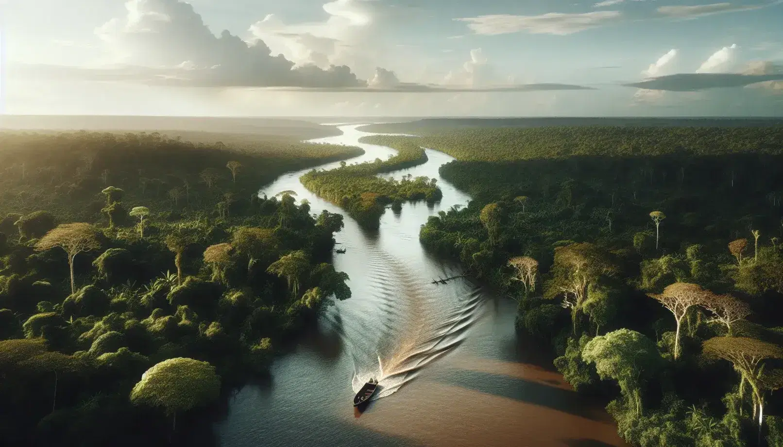 Vista aérea de un río serpenteante en la selva tropical con un bote de madera y dos personas navegando, rodeados de exuberante vegetación verde.