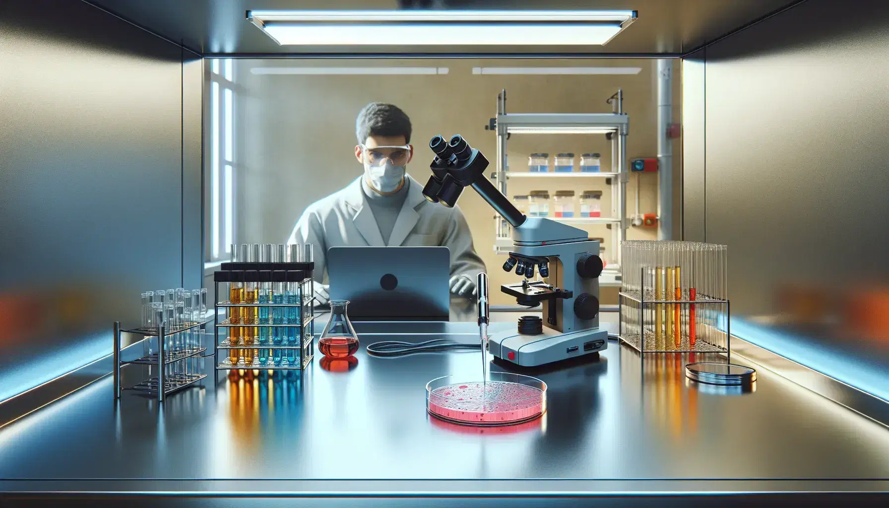 Contemporary microbiology lab with a microscope, petri dishes with bacterial colonies, and a scientist pipetting samples, emphasizing a sterile work environment.