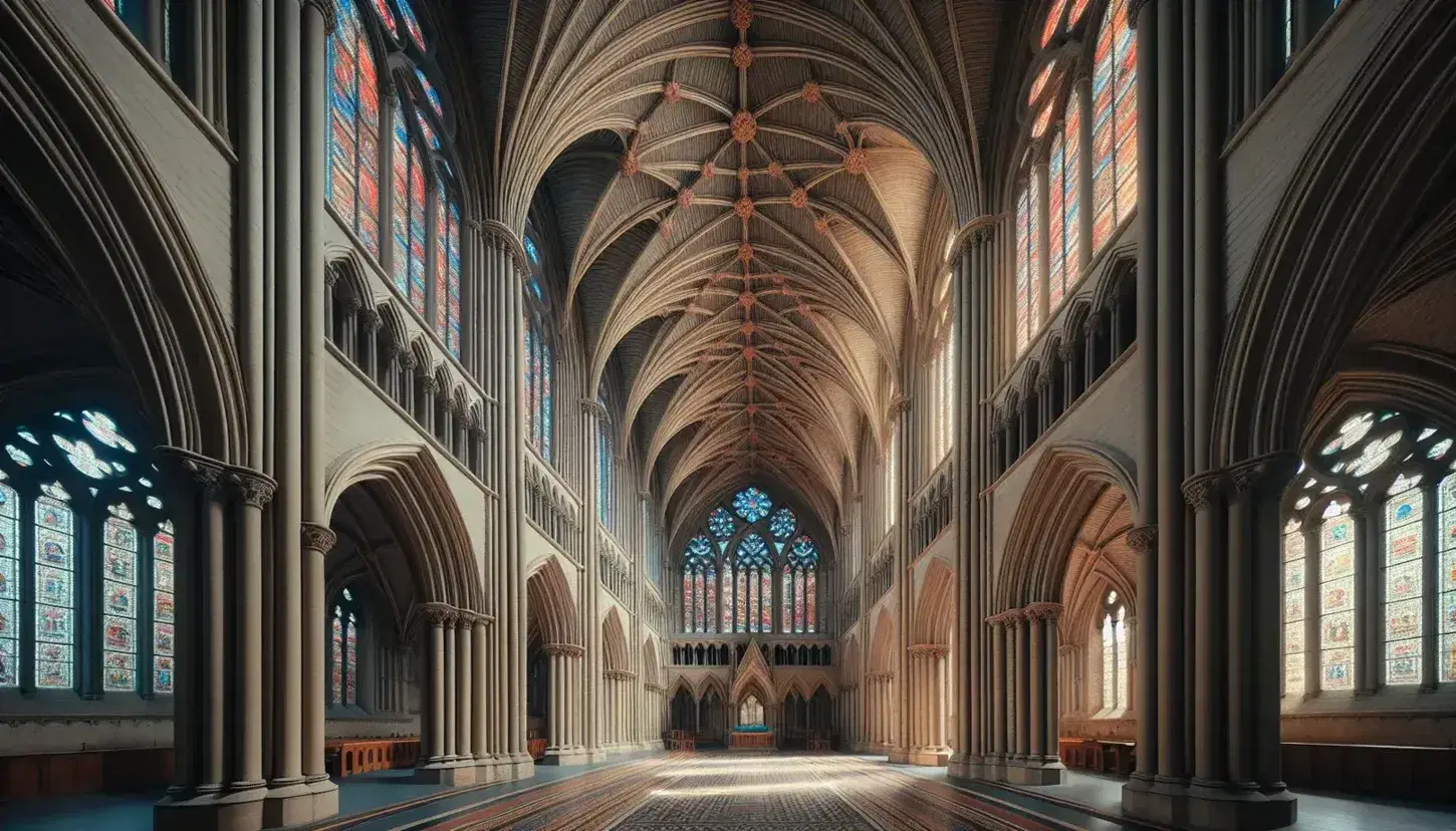 Gothic cathedral interior with ribbed vaults, slender columns, and vibrant stained glass windows casting colorful light on patterned floor tiles.