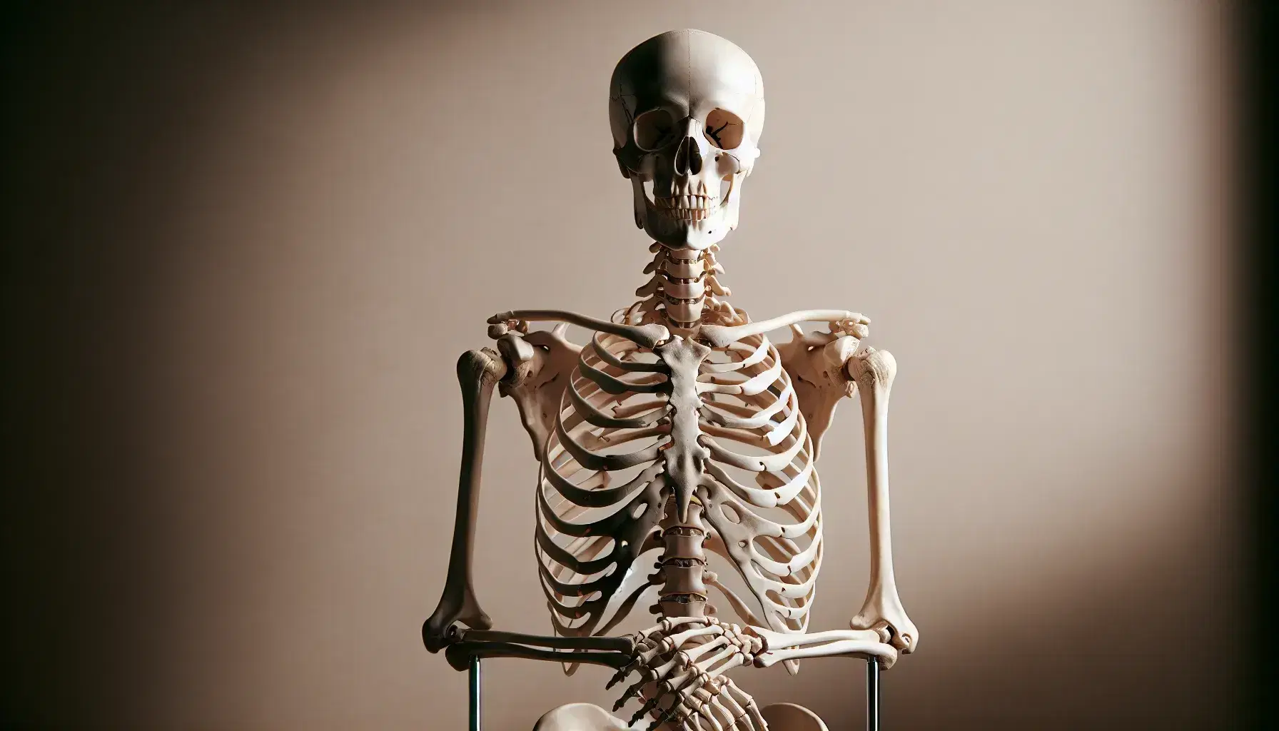 Esqueleto humano completo montado en soporte metálico, con brazos extendidos y palmas hacia adelante, destacando detalles anatómicos óseos sobre fondo neutro.