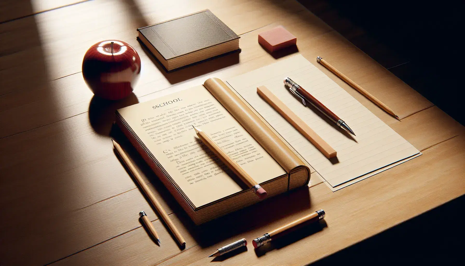 Escritorio escolar de madera con libro abierto, hoja en blanco, pluma estilográfica y lápiz, acompañados de una manzana roja.