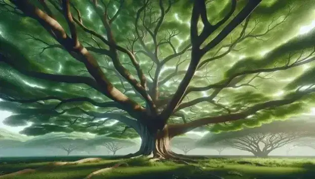 Árbol frondoso con tronco grueso y ramas que sostienen hojas verdes bajo un cielo azul claro, iluminado por el sol que se filtra creando sombras.
