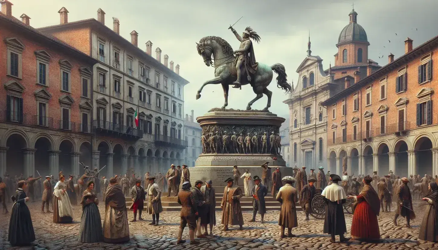 Statua equestre di eroe del Risorgimento in piazza italiana ottocentesca, con passanti in abiti d'epoca e architetture storiche sullo sfondo.